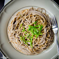 Chilled soba noodles with peanut sauce and scallions